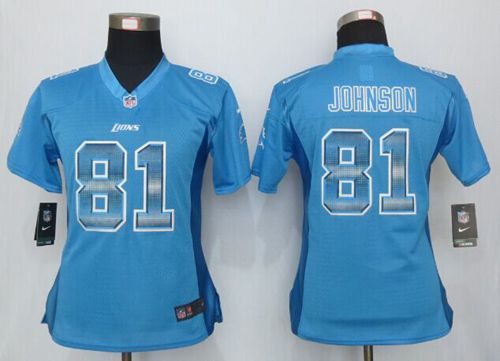 Women's Nike Lions #81 Calvin Johnson Light Blue Team Color Stitched NFL Elite Strobe Jersey