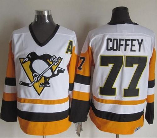 Penguins #77 Paul Coffey White Black CCM Throwback Stitched NHL Jersey