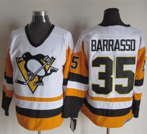 Penguins #35 Tom Barrasso White Black CCM Throwback Stitched NHL Jersey