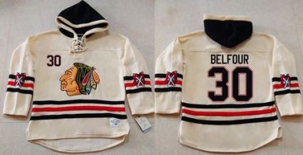 Chicago Blackhawks #30 ED Belfour Cream Heavyweight Pullover Hoodie Stitched NHL Jersey