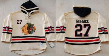 Chicago Blackhawks #27 Jeremy Roenick Cream Heavyweight Pullover Hoodie Stitched NHL Jersey