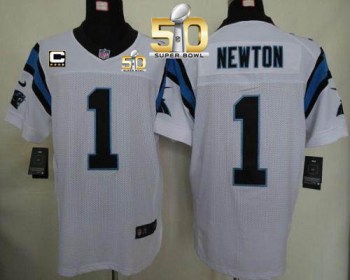Nike Carolina Panthers #1 Cam Newton White With C Patch Super Bowl 50 Men's Stitched NFL Elite Jersey
