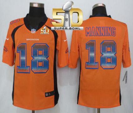 Nike Denver Broncos #18 Peyton Manning Orange Team Color Super Bowl 50 Men's Stitched NFL Limited Strobe Jersey