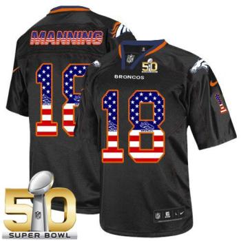 Nike Denver Broncos #18 Peyton Manning Black Super Bowl 50 Men's Stitched NFL Elite USA Flag Fashion Jersey