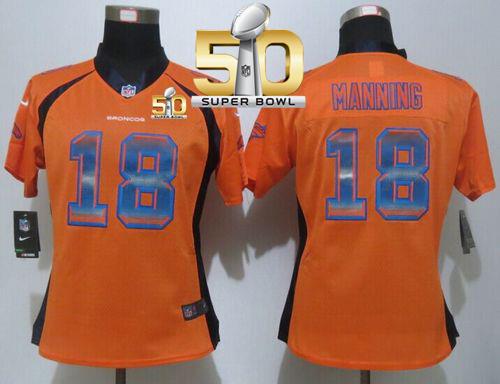 Women Nike Broncos #18 Peyton Manning Orange Team Color Super Bowl 50 NFL Elite Strobe Jersey