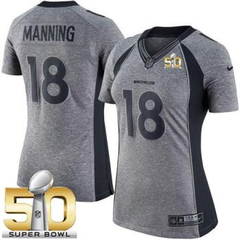 Women Nike Broncos #18 Peyton Manning Gray Super Bowl 50 Stitched NFL Limited Gridiron Gray Jersey