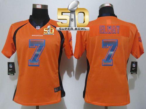 Women Nike Broncos #7 John Elway Orange Team Color Super Bowl 50 Stitched NFL Elite Strobe Jersey