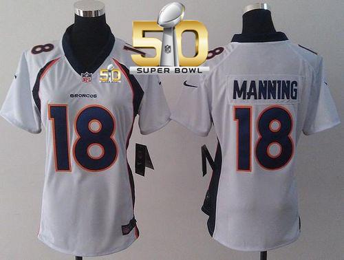 Women Nike Broncos #18 Peyton Manning White Super Bowl 50 NFL New Elite Jersey