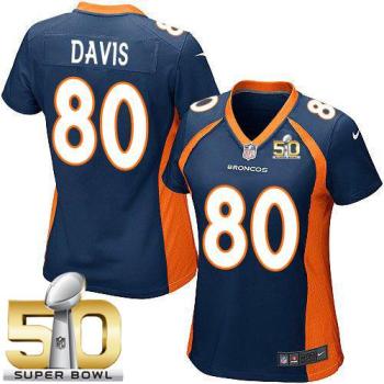 Women Nike Broncos #80 Vernon Davis Blue Alternate Super Bowl 50 Stitched NFL New Elite Jersey