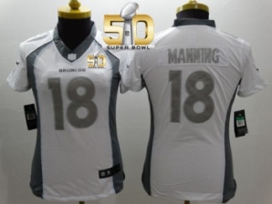 Women Nike Broncos #18 Peyton Manning White Super Bowl 50 NFL Limited Platinum Jersey