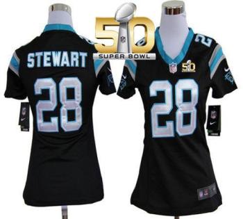 Women Nike Panthers #28 Jonathan Stewart Black Team Color Super Bowl 50 Stitched NFL Elite Jersey
