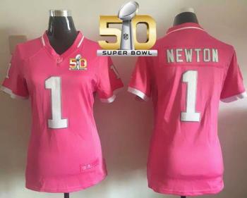 Women Nike Panthers #1 Cam Newton Pink Super Bowl 50 Stitched NFL Elite Bubble Gum Jersey