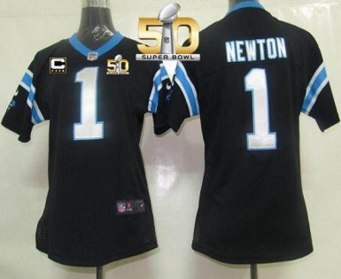 Women Nike Panthers #1 Cam Newton Black Team Color With C Patch Super Bowl 50 Stitched NFL Elite Jersey