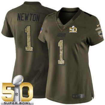 Women Nike Panthers #1 Cam Newton Green Super Bowl 50 Stitched NFL Limited Salute To Service Jersey