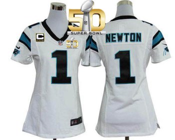 Women Nike Panthers #1 Cam Newton White With C Patch Super Bowl 50 Stitched NFL Elite Jersey