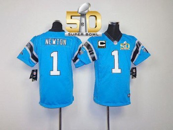 Youth Nike Panthers #1 Cam Newton Blue Alternate With C Patch Super Bowl 50 Stitched NFL Elite Jersey