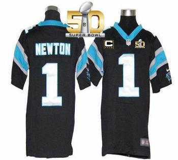 Youth Nike Panthers #1 Cam Newton Black Team Color With C Patch Super Bowl 50 Stitched NFL Elite Jersey