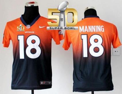 Youth Nike Denver Broncos #18 Peyton Manning Orange Blue Super Bowl 50 Stitched NFL Elite Fadeaway Fashion Jersey