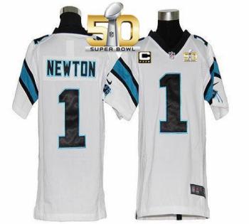 Youth Nike Panthers #1 Cam Newton White With C Patch Super Bowl 50 Stitched NFL Elite Jersey
