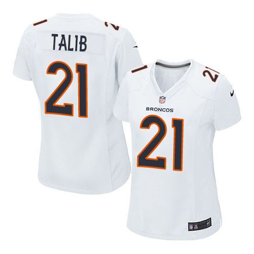 Women Nike Broncos #21 Aqib Talib White Stitched NFL Game Event Jersey