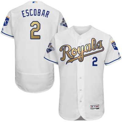 Kansas City Royals #2 Alcides Escobar White 2015 World Series Champions Gold Program FlexBase Authentic Baseball Jersey