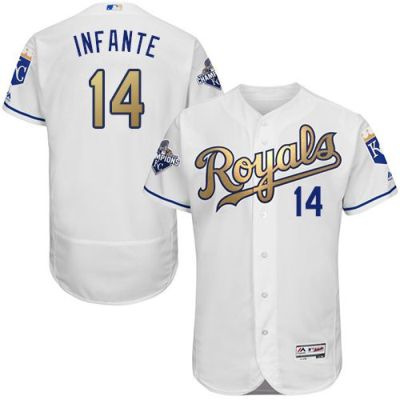 Kansas City Royals #14 Omar Infante White 2015 World Series Champions Gold Program FlexBase Authentic Baseball Jersey