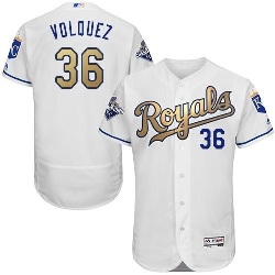 Kansas City Royals #36 Edinson Volquez White 2015 World Series Champions Gold Program FlexBase Authentic Baseball Jersey