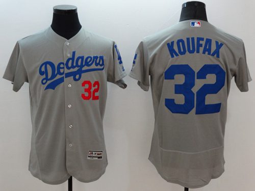 Los Angeles Dodgers #32 Sandy Koufax Grey Flexbase Authentic Collection Baseball Jersey