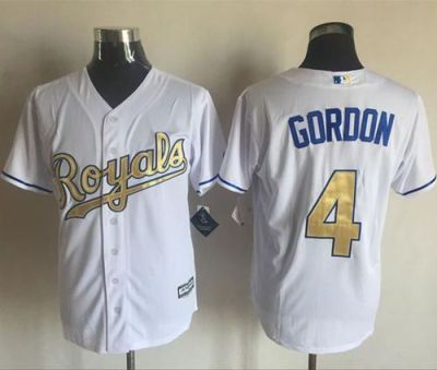 Kansas City Royals #4 Alex Gordon New Cool Base 2015 World Series Champions Gold Program Majestic Mens Stitched Baseball Jersey-White