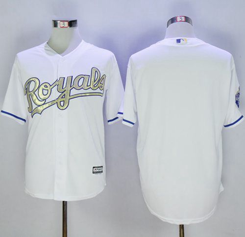 Kansas City Royals Blank New Cool Base 2015 World Series Champions Gold Program Majestic Mens Stitched Baseball Jersey-White