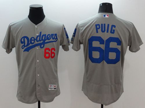 Los Angeles Dodgers #66 Yasiel Puig Grey Flex Base Authentic Collection Stitched Baseball Jersey
