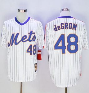 Mitchell And Ness New York Mets #48 Jacob DeGrom Cooperstown Mens Stitched Baseball Jersey- White(Blue Strip)