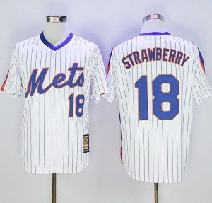 Mitchell And Ness New York Mets #18 Darryl Strawberry Mens Stitched Throwback Baseball Jersey- White(Blue Strip)