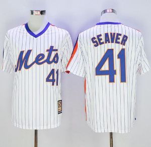 Mitchell And Ness New York Mets #41 Tom Seaver Cooperstown Mens Stitched Baseball Jersey- White(Blue Strip)
