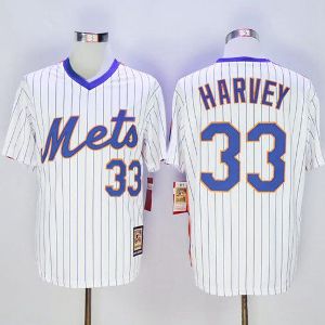 Mitchell And Ness New York Mets #33 Matt Harvey Mens Stitched Baseball Jersey- White(Blue Strip)