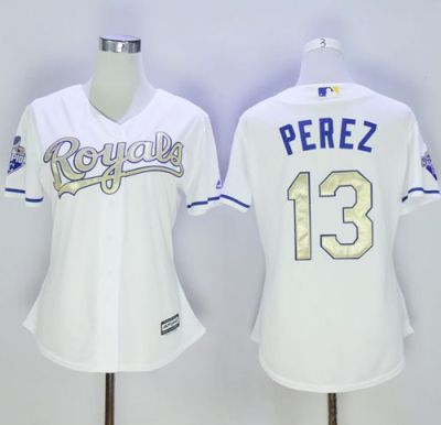 Women's Kansas City Royals #13 Salvador Perez White 2015 World Series Champions Gold Program Cool Base Stitched Baseball Jersey
