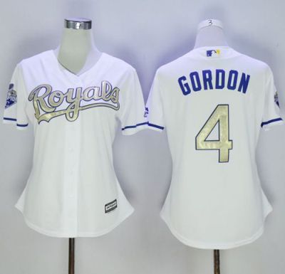 Women's Kansas City Royals #4 Alex Gordon White 2015 World Series Champions Gold Program Cool Base Stitched Baseball Jersey