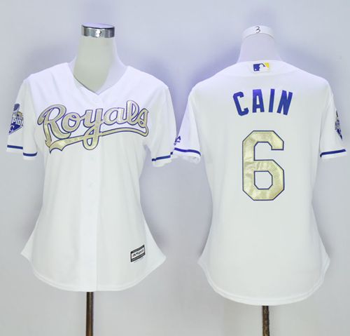 Women's Kansas City Royals #6 Lorenzo Cain White 2015 World Series Champions Gold Program Cool Base Stitched Baseball Jersey