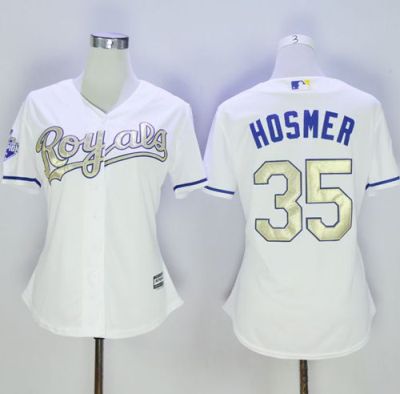 Women's Kansas City Royals #35 Eric Hosmer White 2015 World Series Champions Gold Program Cool Base Stitched Baseball Jersey