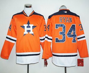 Houston Astros #34 Nolan Ryan Orange Long Sleeve Stitched Baseball Jersey