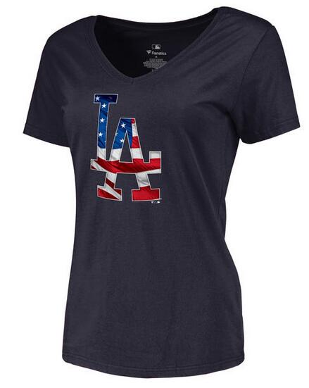 Womens Los Angeles Dodgers Navy Banner Wave Slim Fit Baseball T-Shirt
