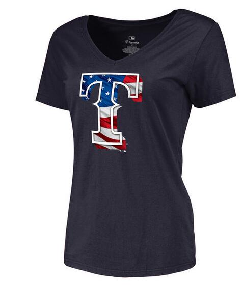 Womens Texas Rangers Navy Banner Wave Slim Fit Baseball T-Shirt