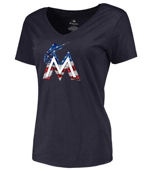 Womens Miami Marlins Navy Banner Wave Slim Fit Baseball T-Shirt