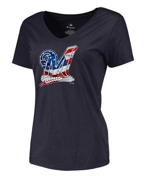 Womens Milwaukee Brewers Navy Banner Wave Slim Fit Baseball T-Shirt