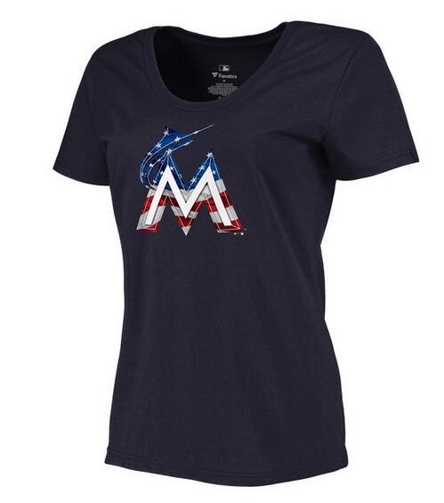 Women's Miami Marlins Navy Plus Sizes MLB Baseball Banner Wave T-Shirt