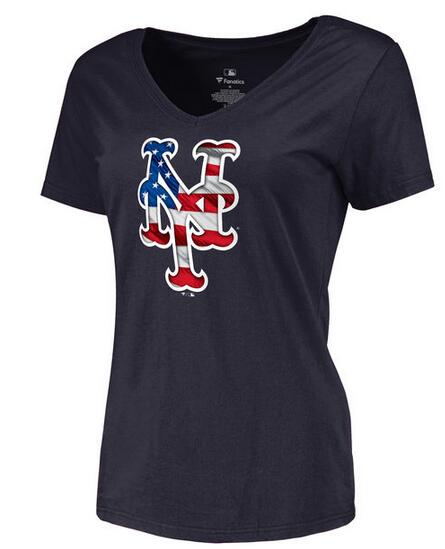 Womens New York Mets Navy Banner Wave Slim Fit Baseball T-Shirt