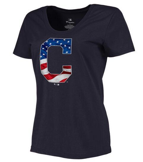 Women's Cleveland Indians Navy Plus Sizes MLB Baseball Banner Wave T-Shirt