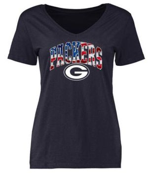 Womens Green Bay Packers Pro Line Navy Banner Wave Slim Fit V-Neck T-Shirt