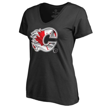 Womens Calgary Flames Black Canada Wave Slim Fit NHL T-Shirt