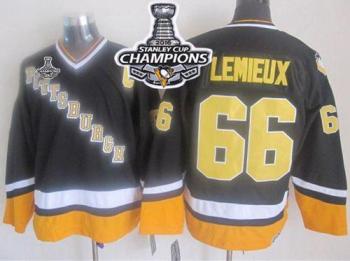 Pittsburgh Penguins #66 Mario Lemieux BlackYellow CCM Throwback 2016 Stanley Cup Champions Stitched NHL Jersey